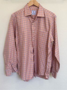 David Donahue Men's Plaid Dress Shirt Size L Orange Blue White Button Up L/S